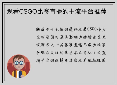 观看CSGO比赛直播的主流平台推荐